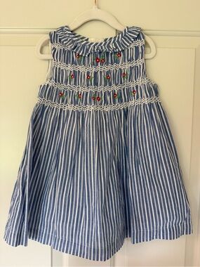 Mini Boden Blue and White Striped Smocked Dress with Red Floral Accents